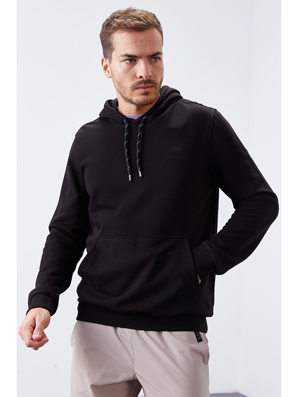 Siyah Kanguru Cep Standart Kalıp Kapüşonlu  Erkek Hoodie - 87872