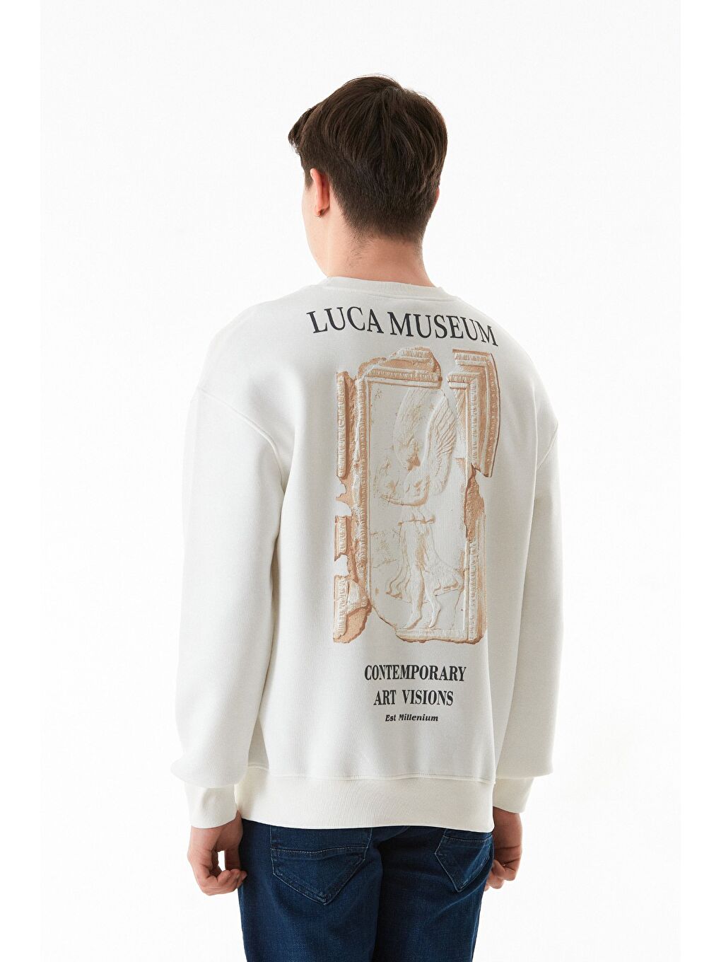 Beyaz 3 İplik Kabartma Baskılı Bisiklet Yaka Sweatshirt-1