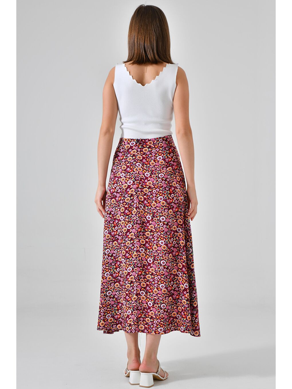 Bordo Desenli Kadın A Kesim Normal Bel Çiçek Desenli Midi Dokuma Etek - Viskon-6