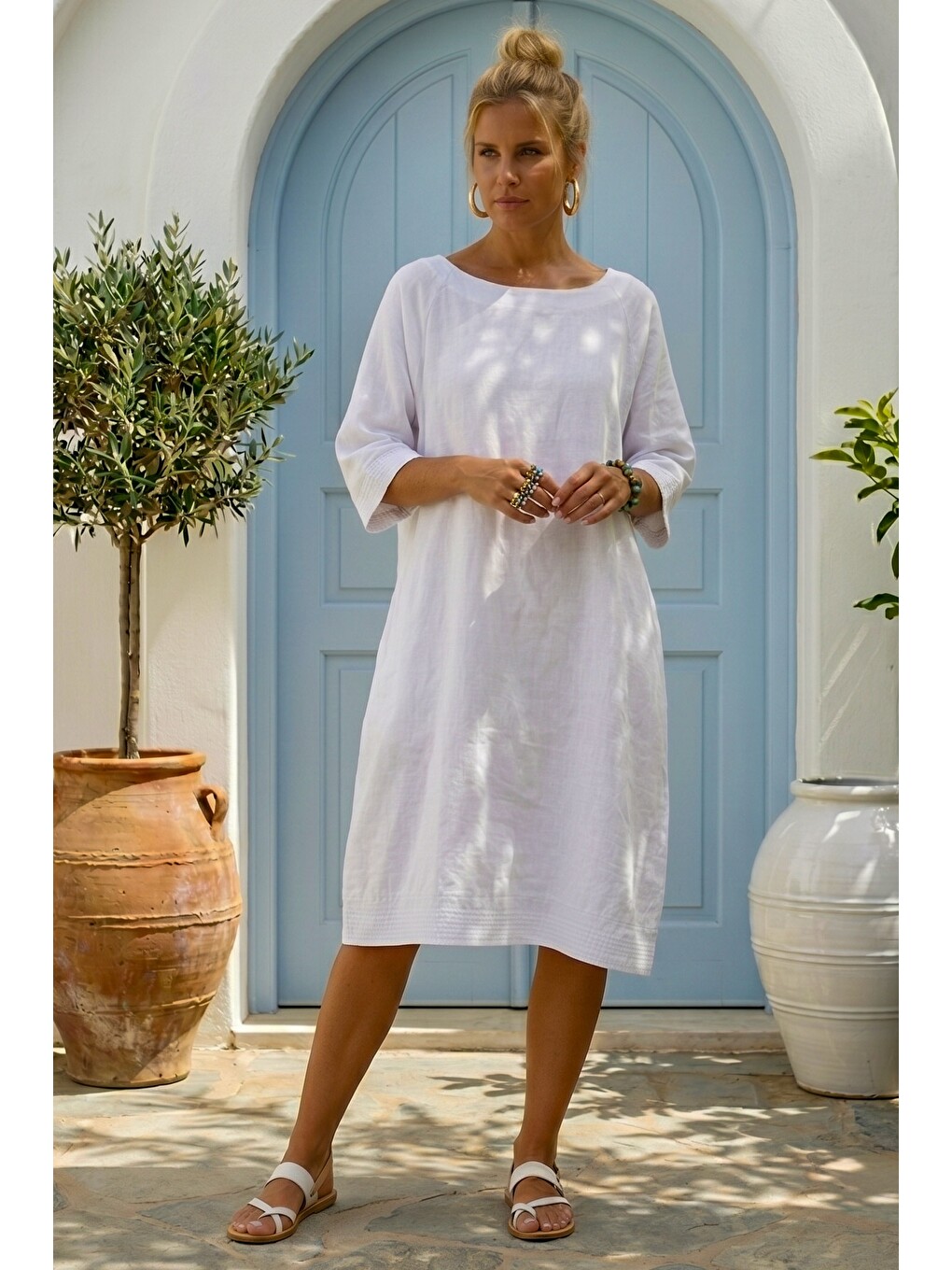 Beyaz Casual 100% Keten Dokuma Elbise 102 61