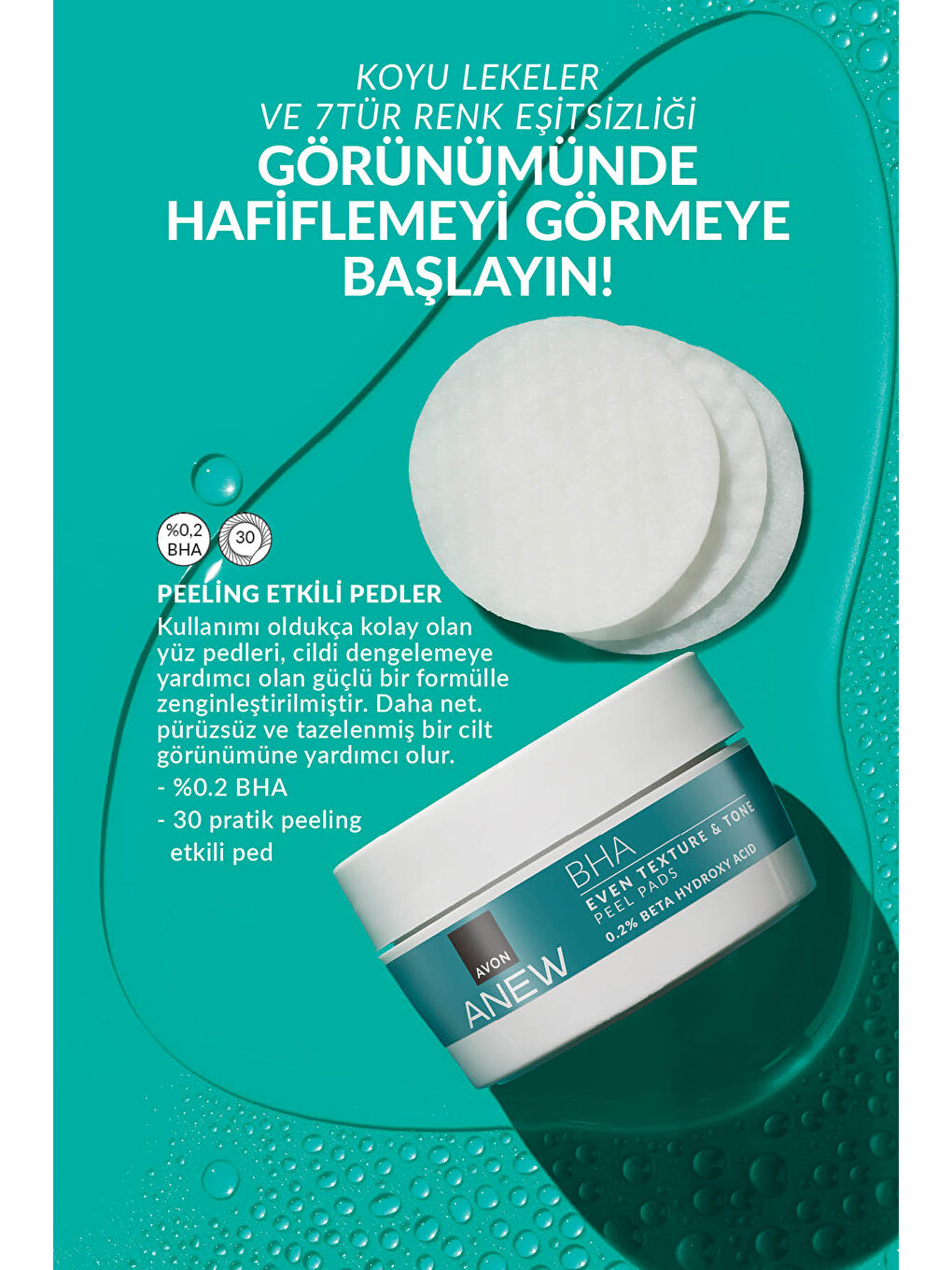 AVON Renksiz Anew BHA Cilt Tonu Görünümünü Düzgünleştiren Peeling Etkili Pedler 30 pcs. - 2