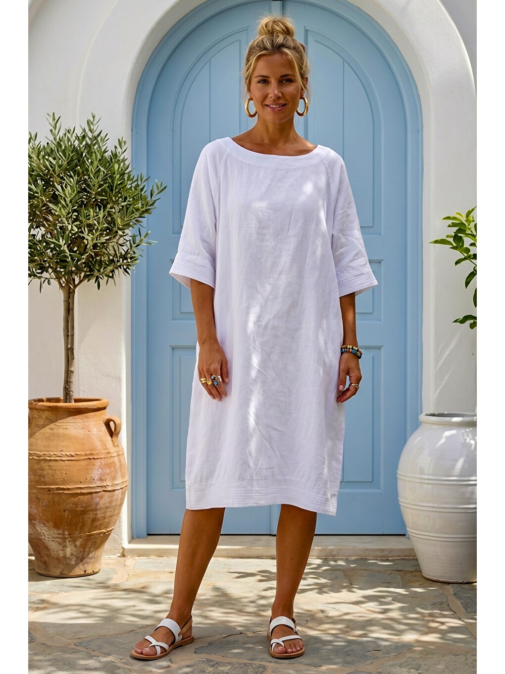 Beyaz Casual 100% Keten Dokuma Elbise 102 61-1