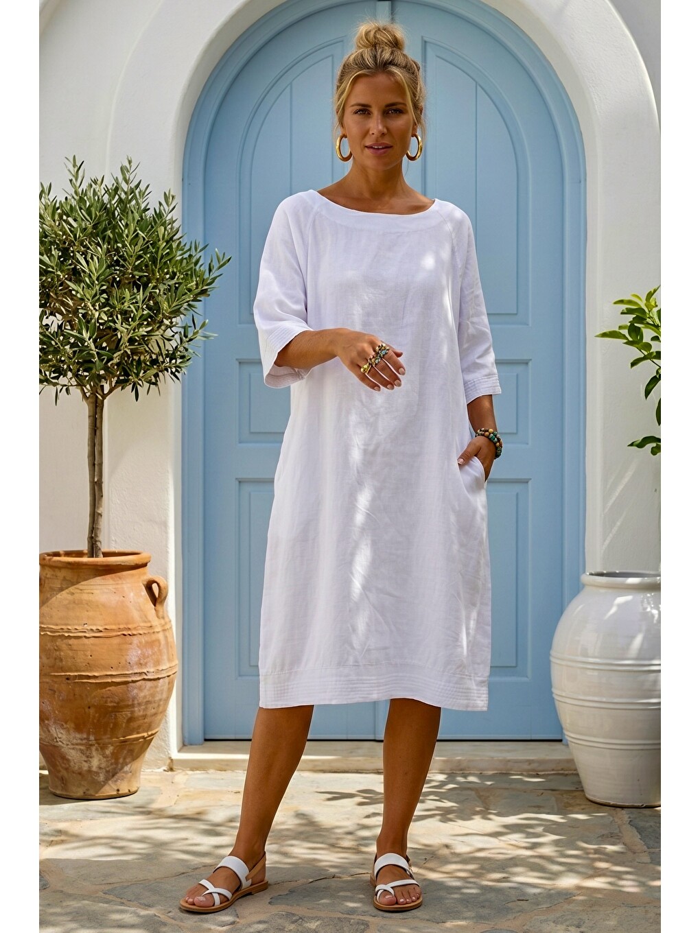 Beyaz Casual 100% Keten Dokuma Elbise 102 61-2