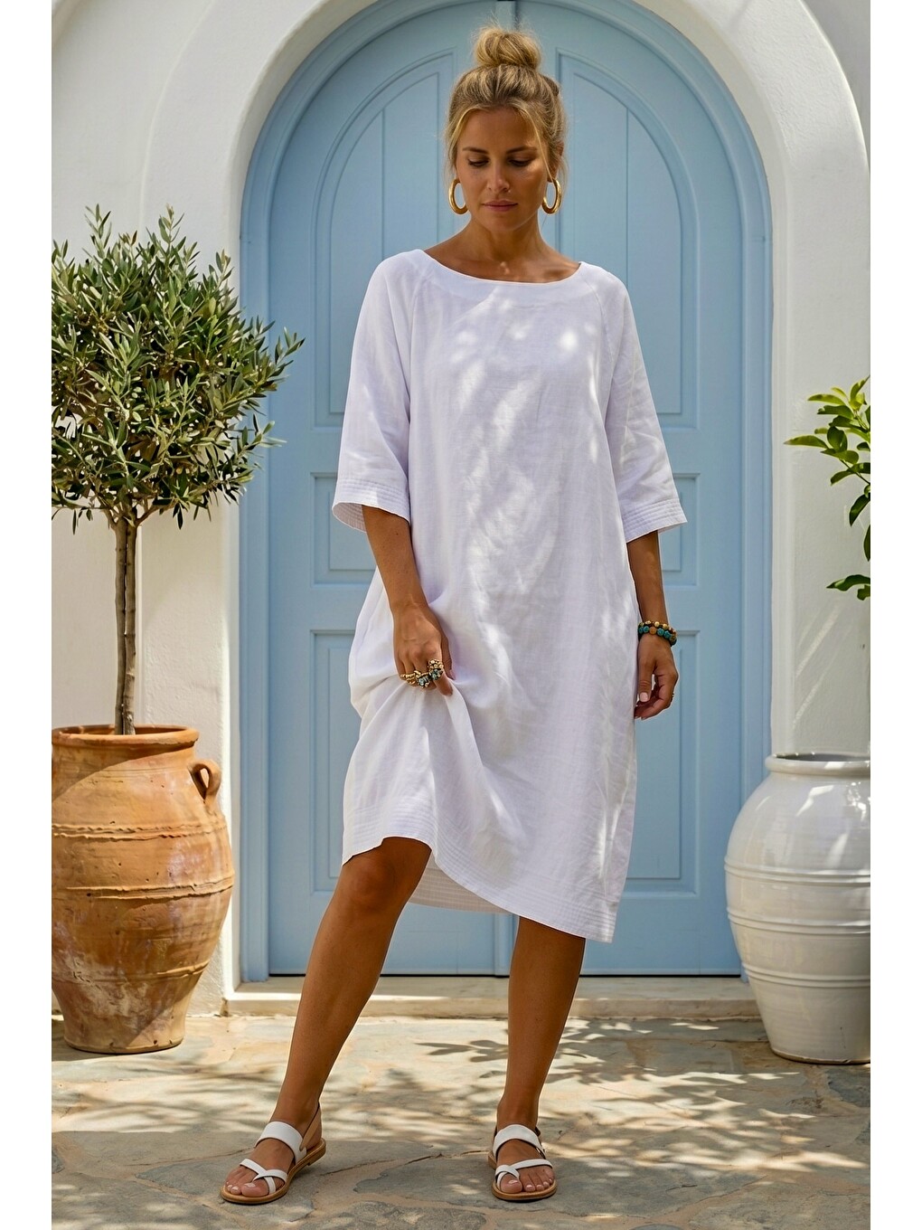 Beyaz Casual 100% Keten Dokuma Elbise 102 61-3