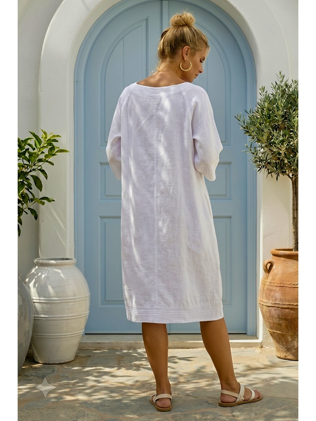 Beyaz Casual 100% Keten Dokuma Elbise 102 61-4