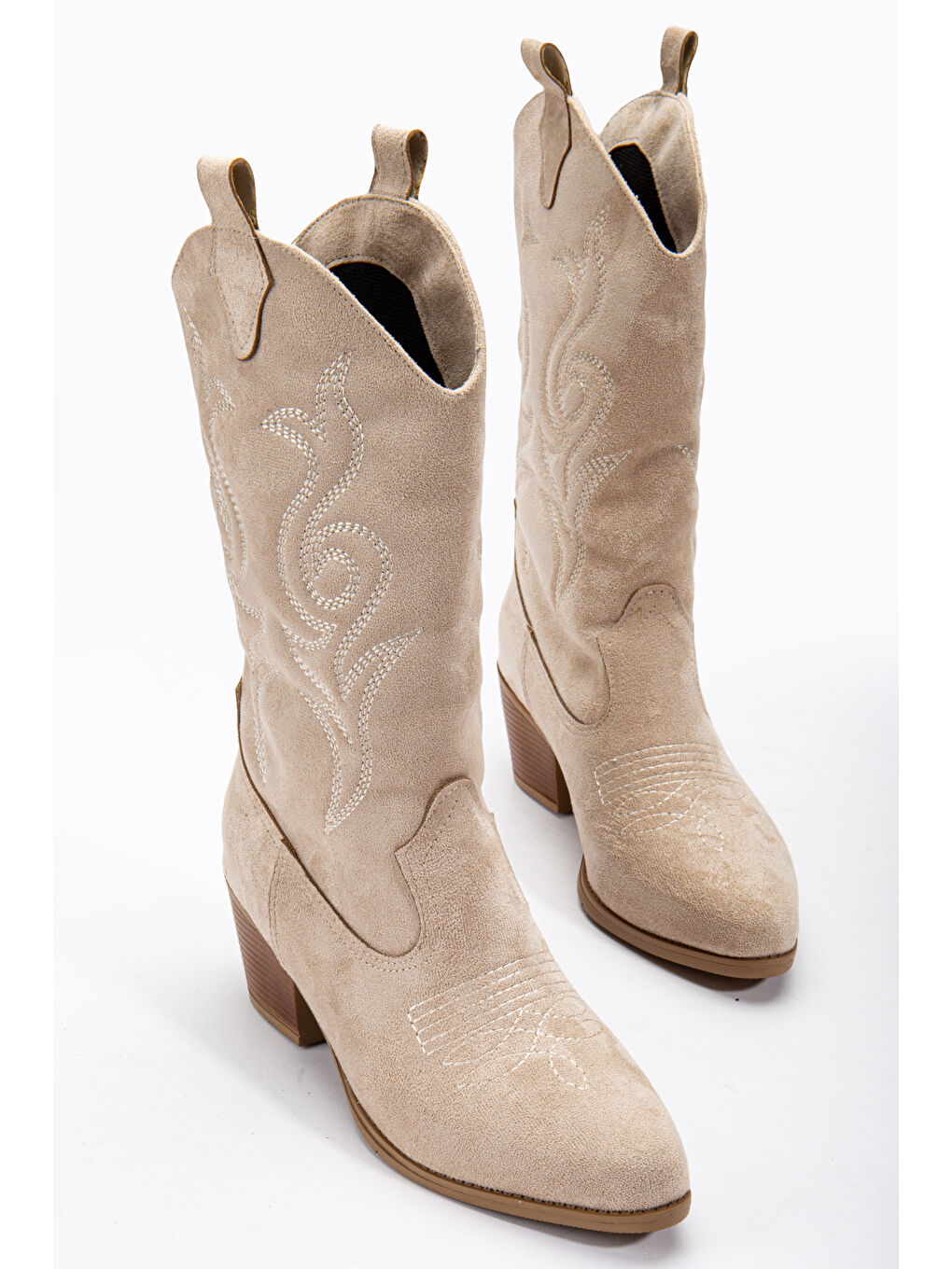 Bej Kadın Ten Süet Termo Taban Nakışlı Sivri Burunlu Western Uzun Kovboy Bot-1