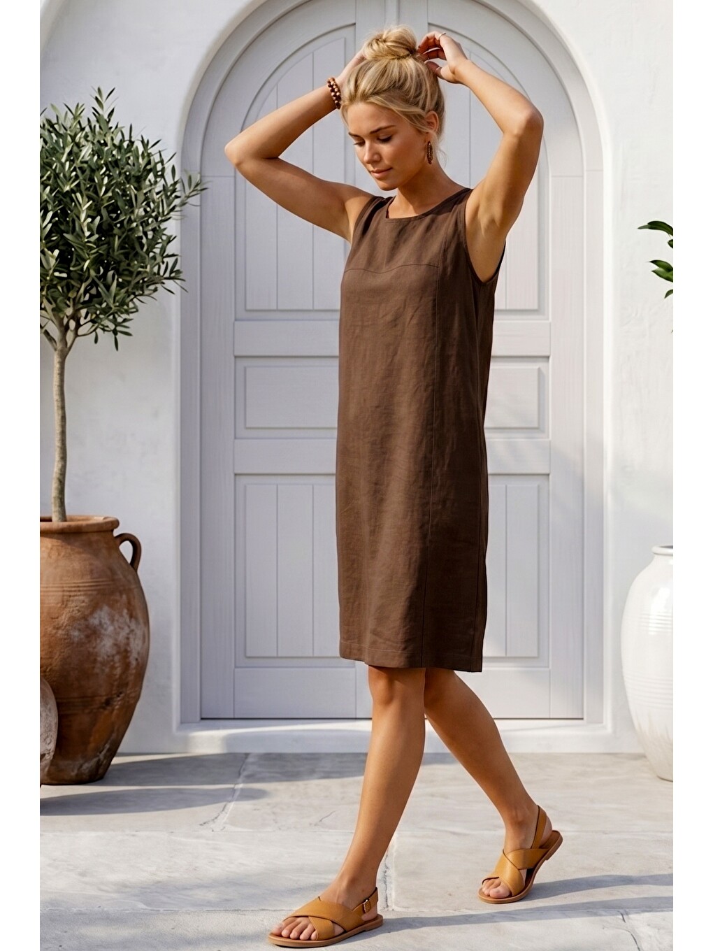 Kahverengi Kayık Yaka Kolsuz Casual 100% Keten Dokuma Elbise 96 50-1