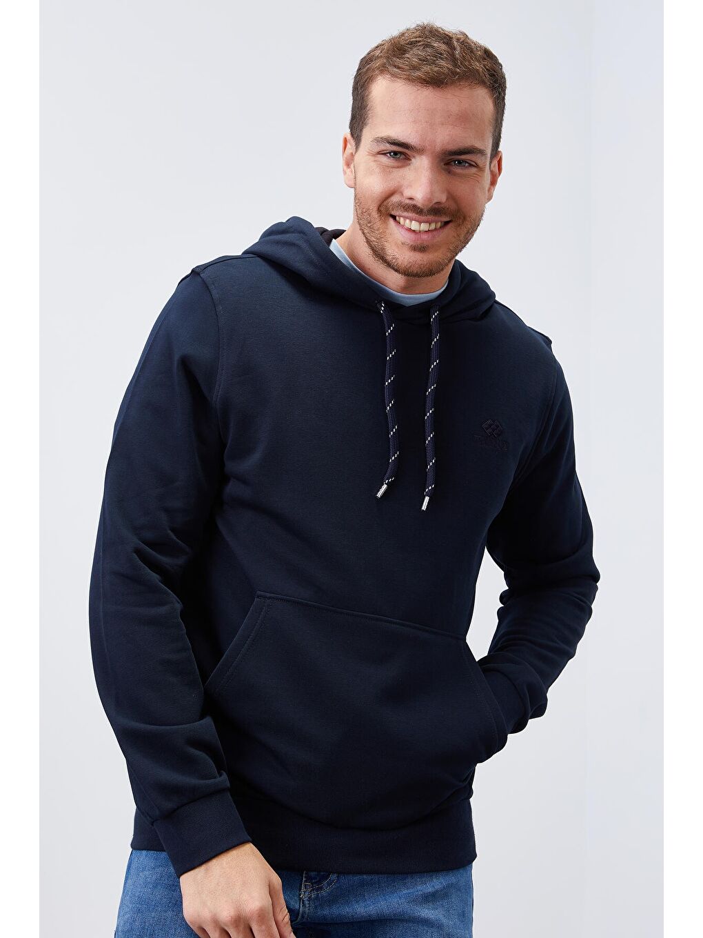 Lacivert Kanguru Cep Standart Kalıp Kapüşonlu  Erkek Hoodie - 87872