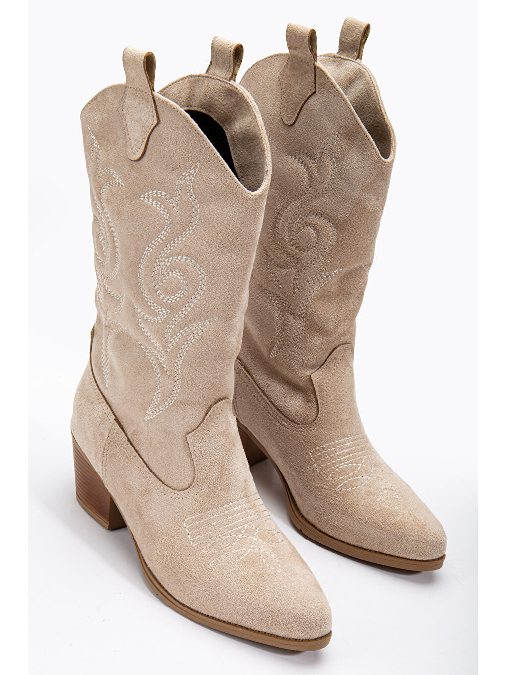 Bej Kadın Ten Süet Termo Taban Nakışlı Sivri Burunlu Western Uzun Kovboy Bot-2