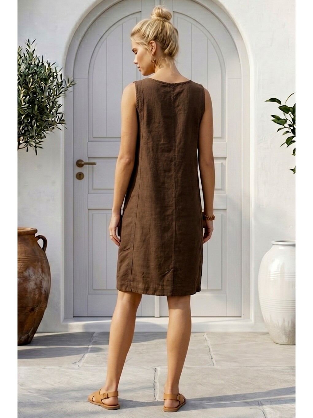 Kahverengi Kayık Yaka Kolsuz Casual 100% Keten Dokuma Elbise 96 50-4