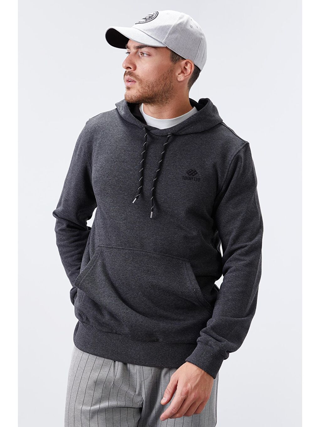 Antrasit Melanj Kanguru Cep Standart Kalıp Kapüşonlu  Erkek Hoodie - 87872-2