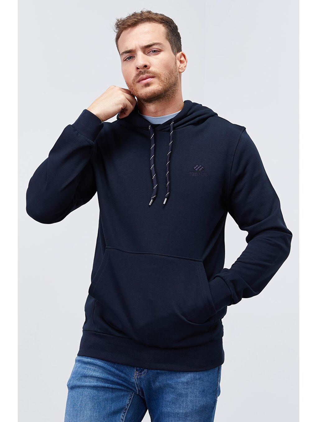 Lacivert Kanguru Cep Standart Kalıp Kapüşonlu  Erkek Hoodie - 87872-4