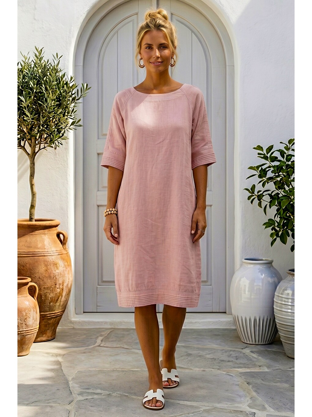 Pembe Pudra Kayık Yaka 3/4 Kol Cepli Casual 100% Keten Dokuma Elbise 102 61-1
