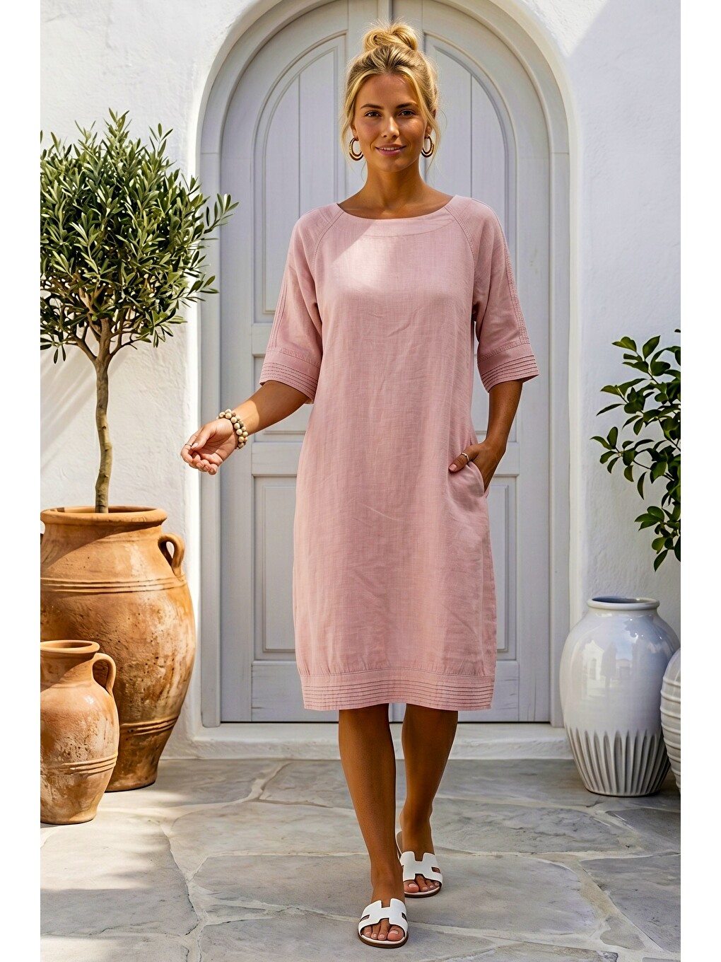 Pembe Pudra Kayık Yaka 3/4 Kol Cepli Casual 100% Keten Dokuma Elbise 102 61-2