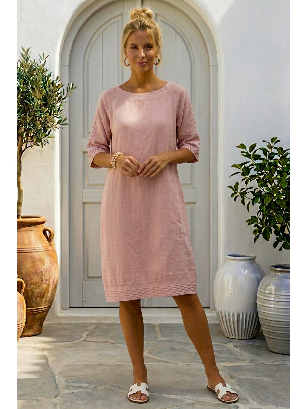 Pembe Pudra Kayık Yaka 3/4 Kol Cepli Casual 100% Keten Dokuma Elbise 102 61-3