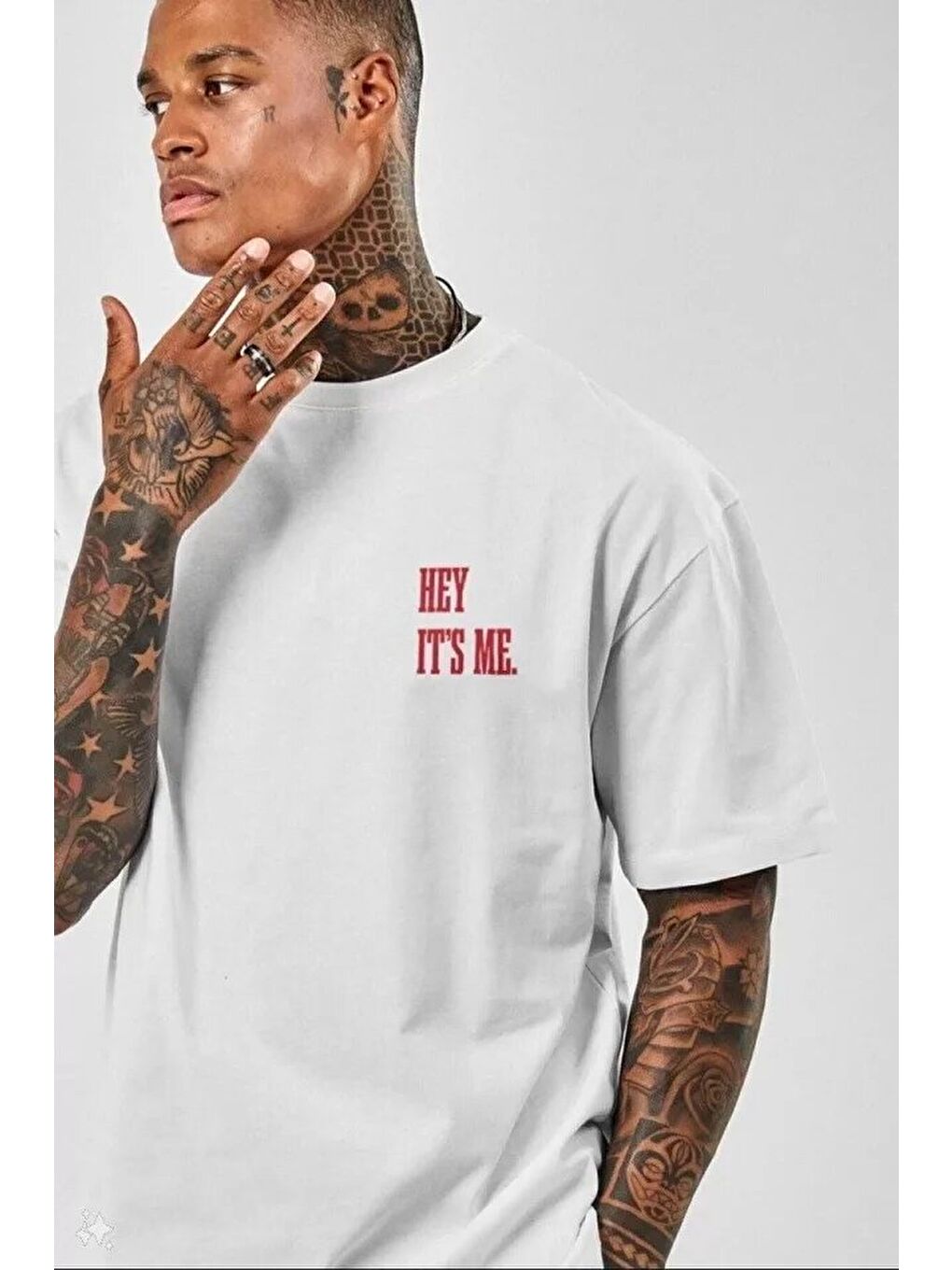 Unisex Baskılı Oversize T-Shirt - Beyaz-1