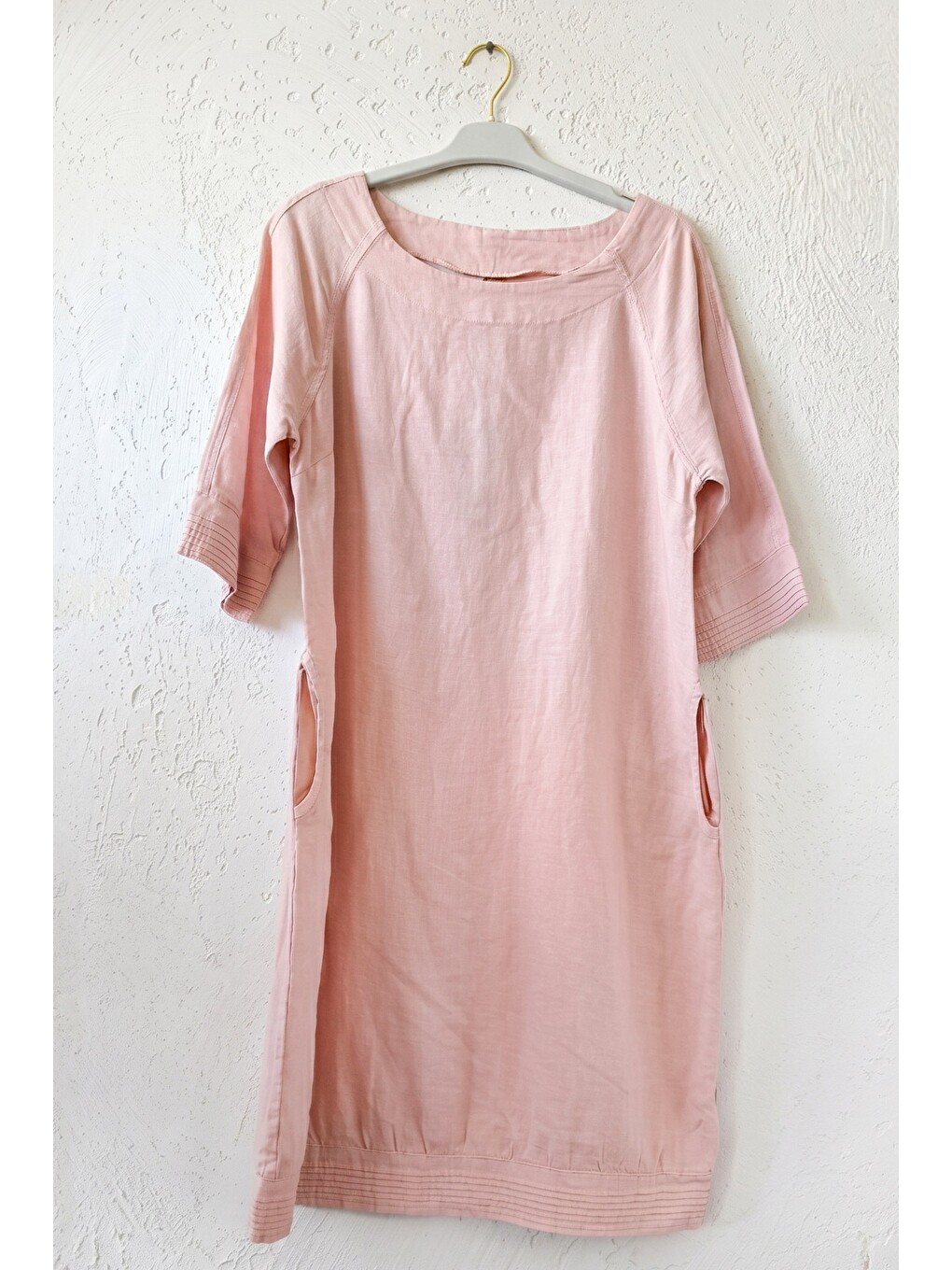 Pembe Pudra Kayık Yaka 3/4 Kol Cepli Casual 100% Keten Dokuma Elbise 102 61-6