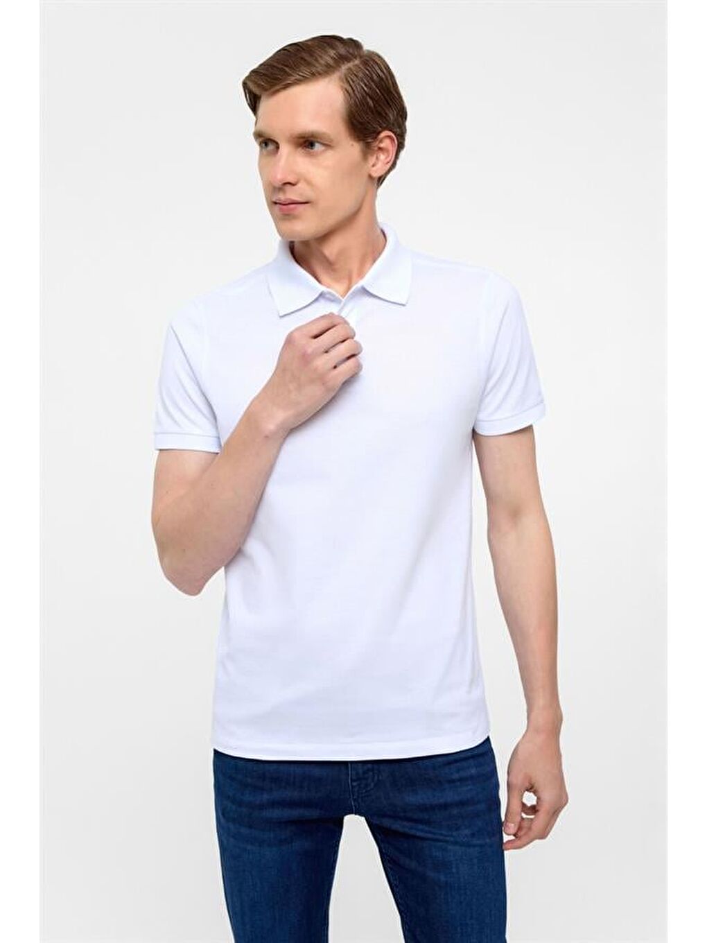 Beyaz Slim Düz Polo Yaka Tişört-1