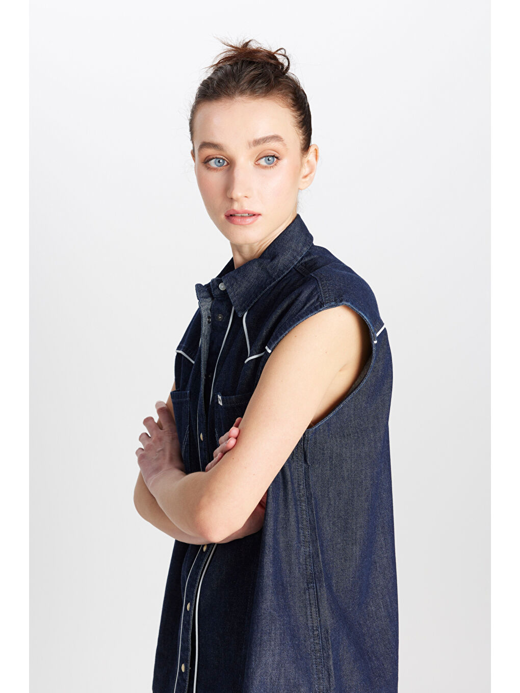 Lacivert %100 Pamuk Loose Fit Rahat Kesim Cepli Denim Jean Gömlek-3