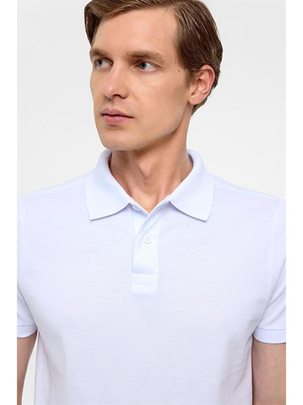 Beyaz Slim Düz Polo Yaka Tişört-2