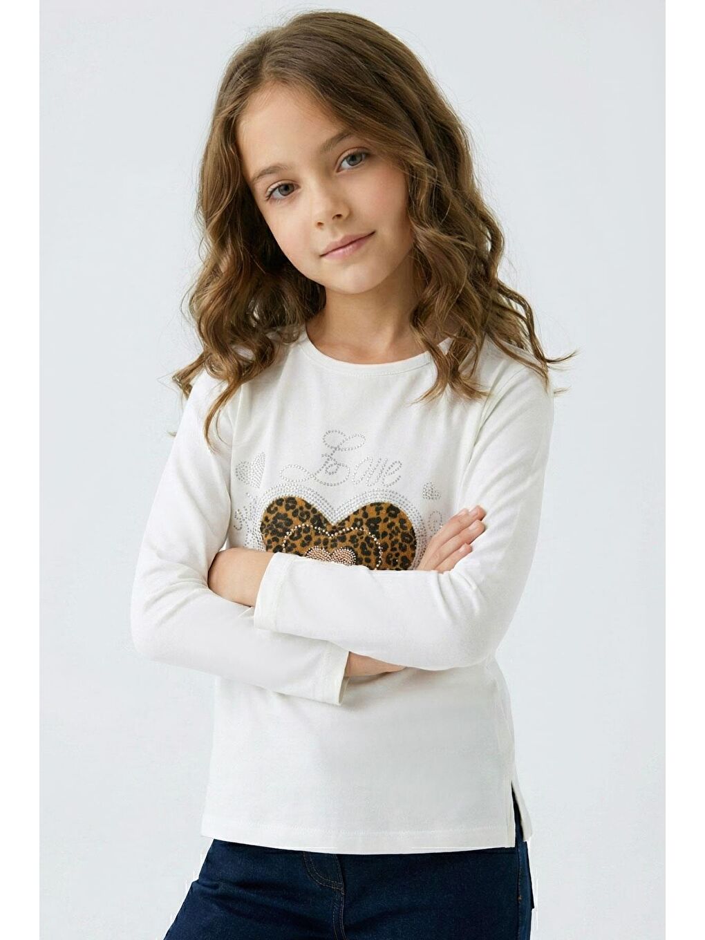 Kız Çocuk Uzun Kollu Tişört Sevgi Temalı Parıltılı Leopar Desenli Kalp Baskılı Ekru (6-12 Yaş)-1
