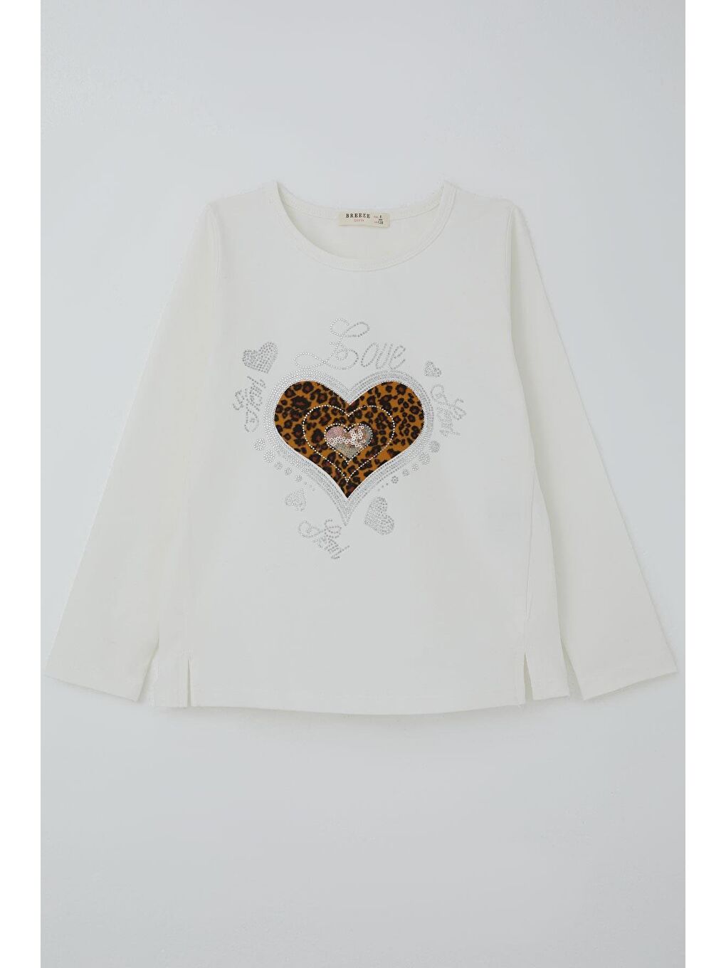 Kız Çocuk Uzun Kollu Tişört Sevgi Temalı Parıltılı Leopar Desenli Kalp Baskılı Ekru (6-12 Yaş)-2