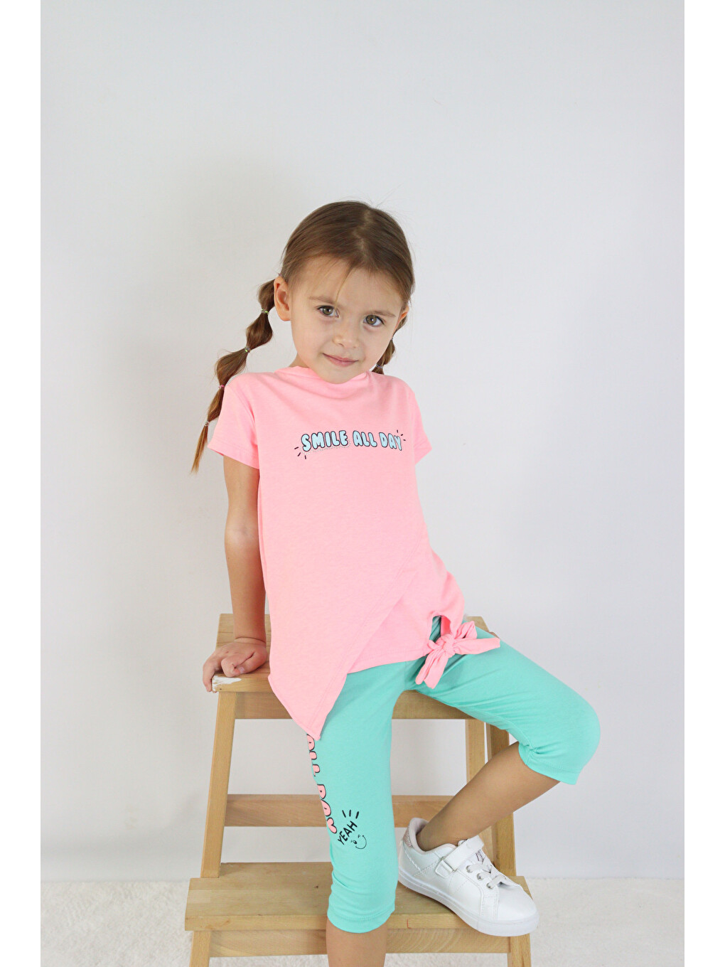 Pembe Kız Çocuk Kaprili Kısa Kollu Yazlık Basic Takım 2-5 Yaş-2