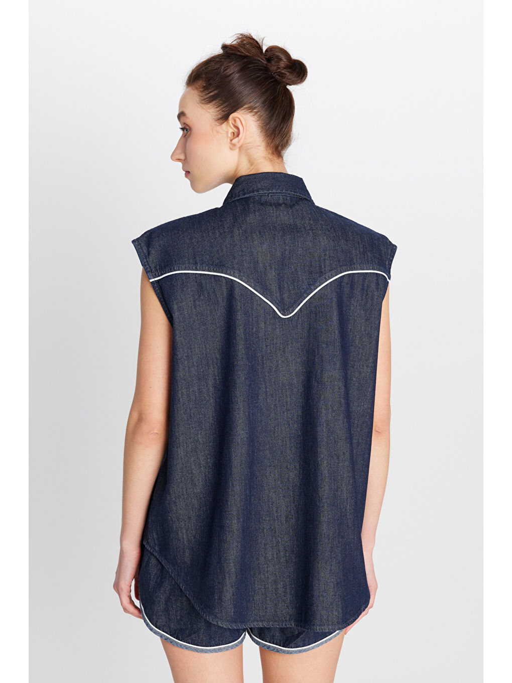 Lacivert %100 Pamuk Loose Fit Rahat Kesim Cepli Denim Jean Gömlek-4