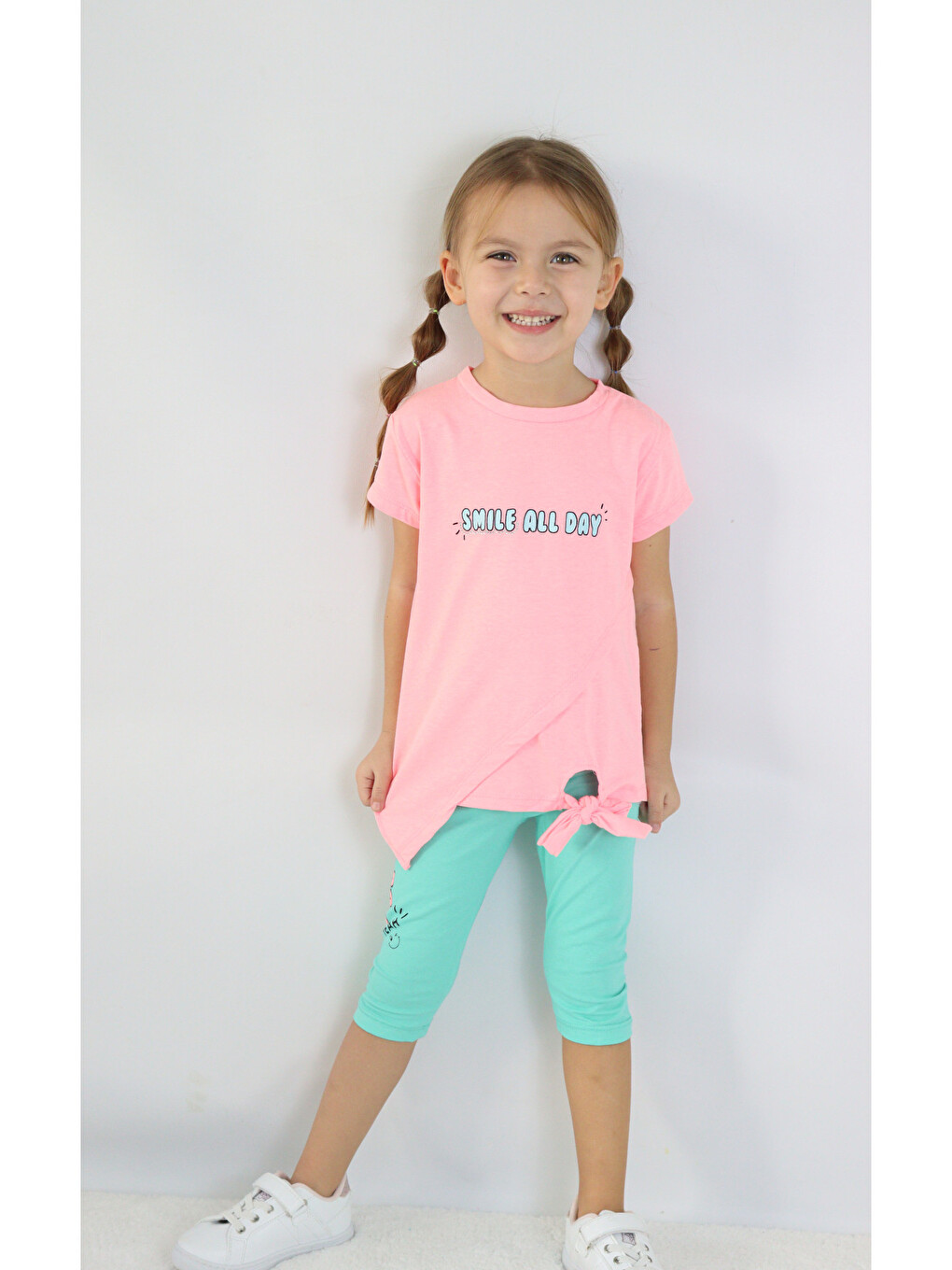 Pembe Kız Çocuk Kaprili Kısa Kollu Yazlık Basic Takım 2-5 Yaş-7
