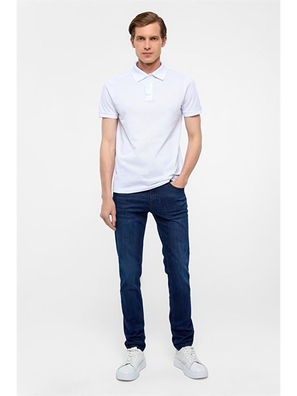 Beyaz Slim Düz Polo Yaka Tişört-4