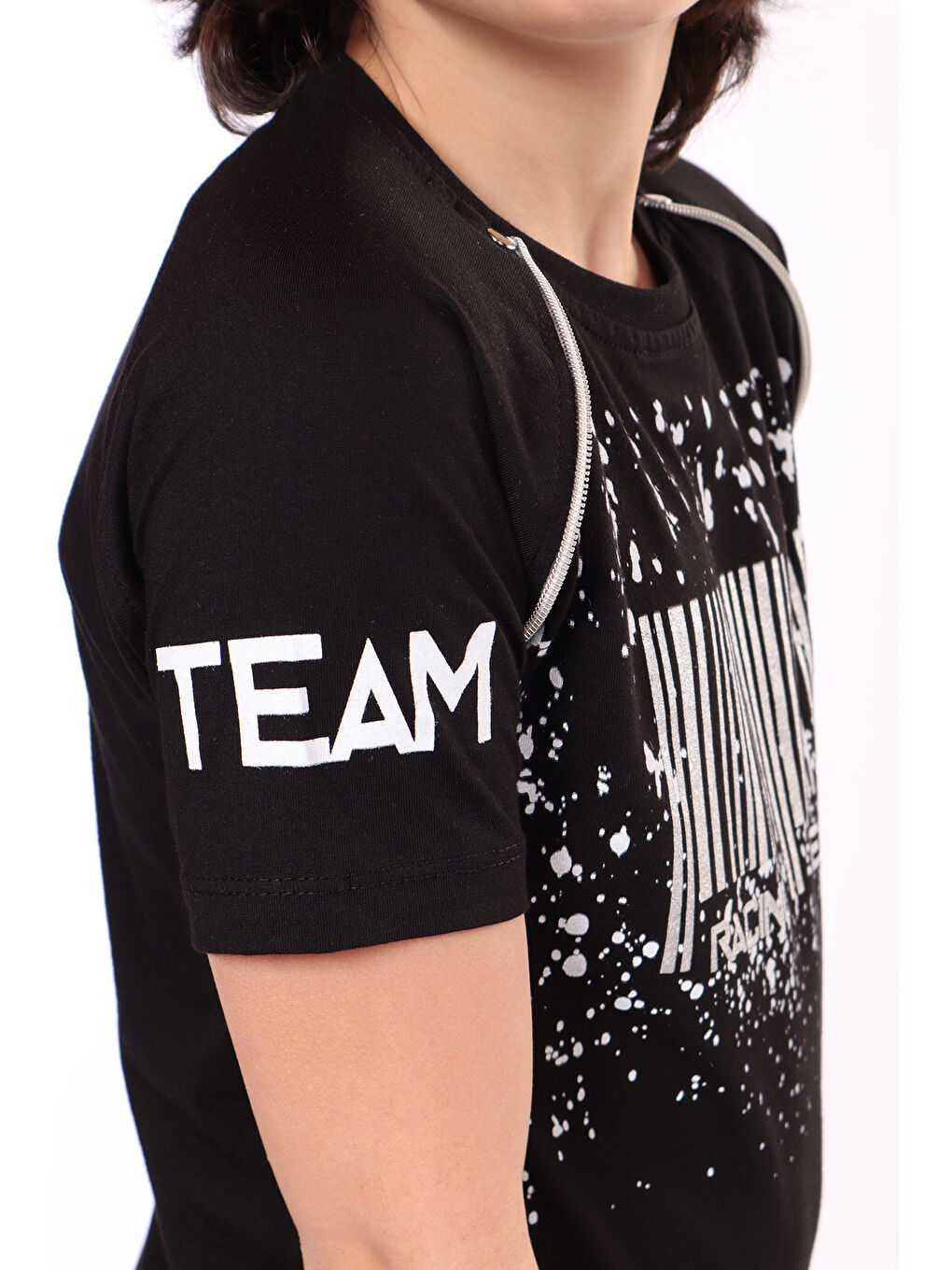 Siyah Erkek Çocuk Racing Team Yazılı Barkod Baskılı Tişört-1