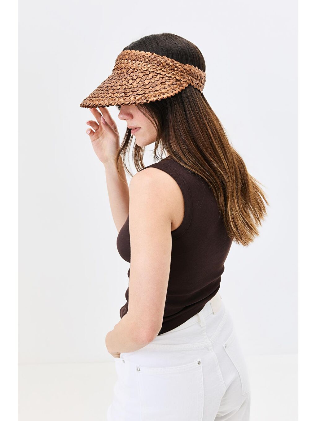 Esnek Bantlı Hasır Vizör Şapka Y8219 Kahverengi