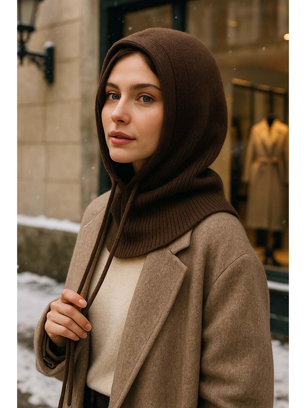 Kadın Triko Balaklava Bere Şapka RKŞBYN-05 Kahverengi