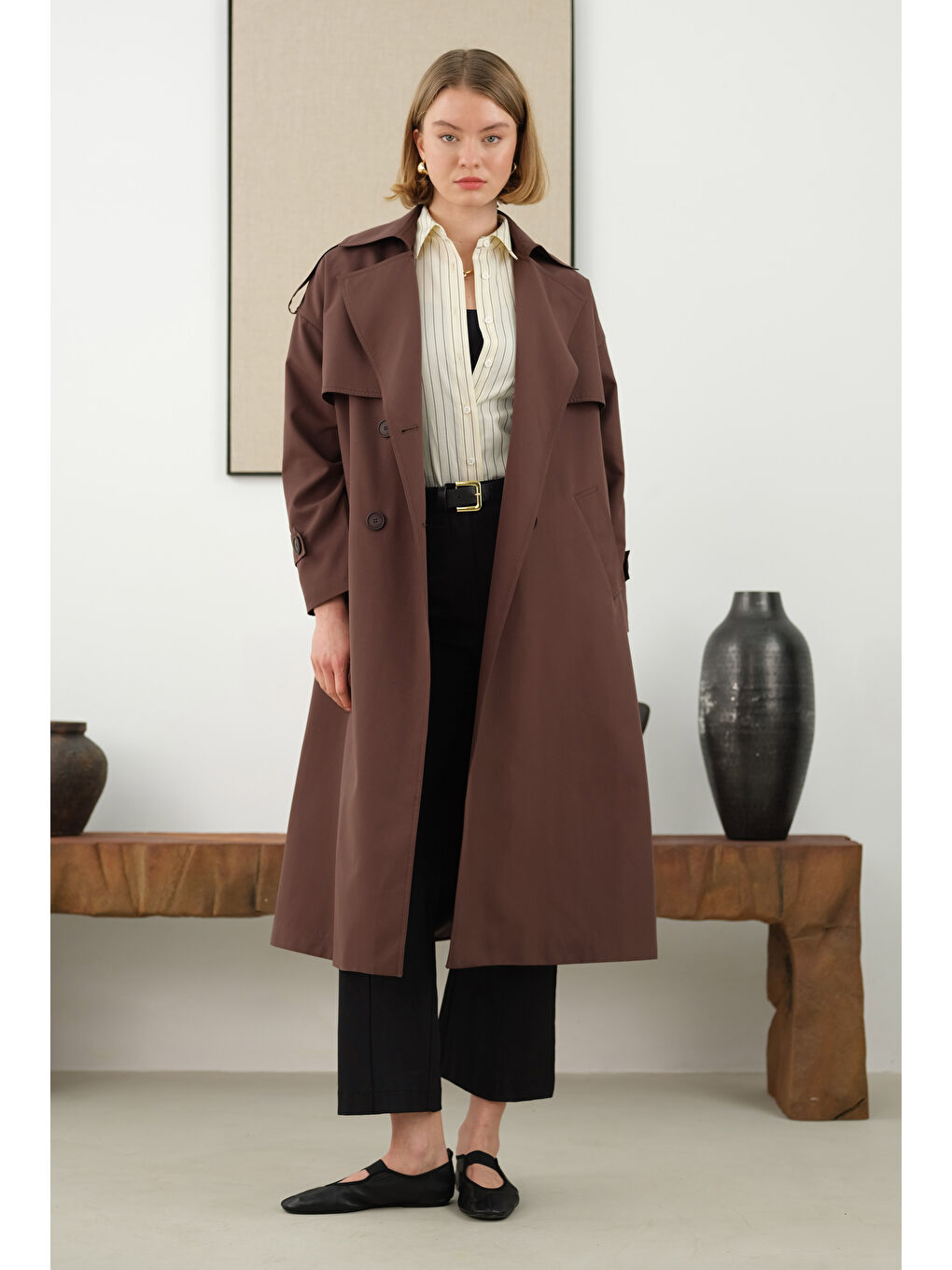 Kahverengi Uzun Klasik Trençkot Acı Kahve-1
