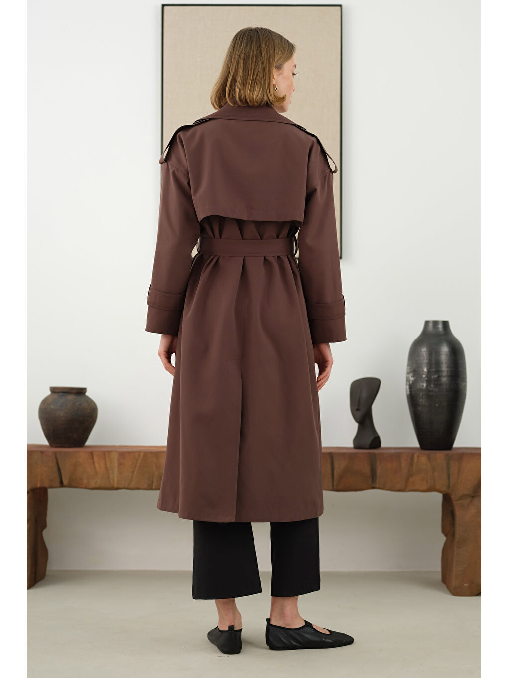 Kahverengi Uzun Klasik Trençkot Acı Kahve-2