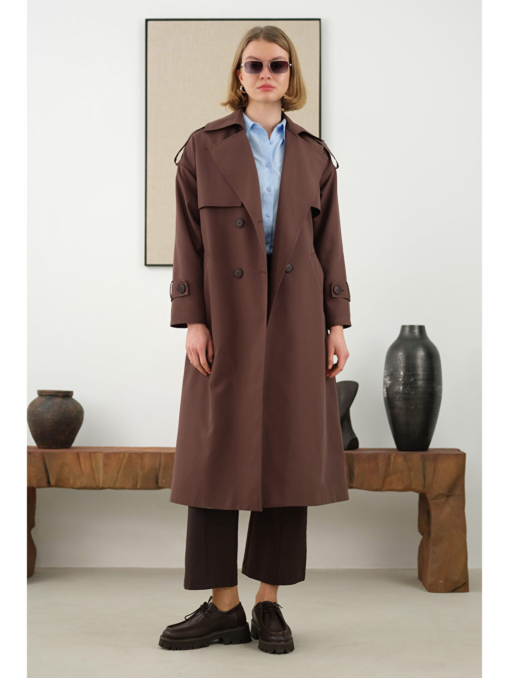 Kahverengi Uzun Klasik Trençkot Acı Kahve-3