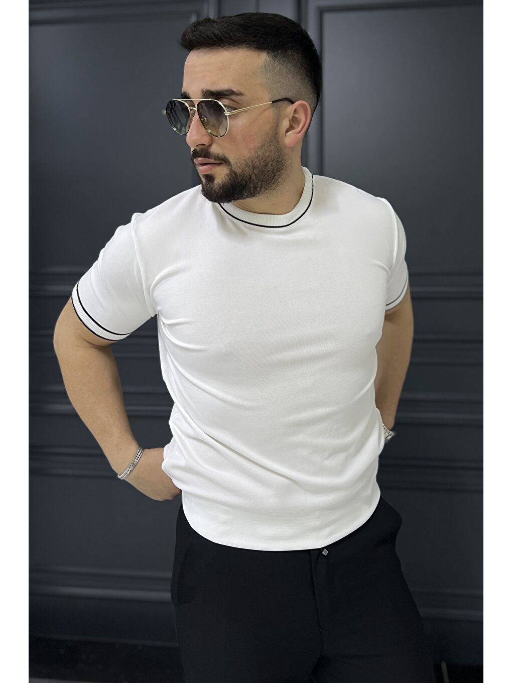 Beyaz Bisiklet Yaka Erkek Triko Tişört-1