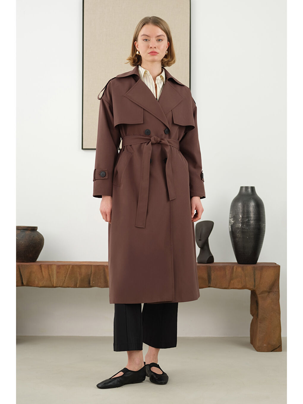 Kahverengi Uzun Klasik Trençkot Acı Kahve-4