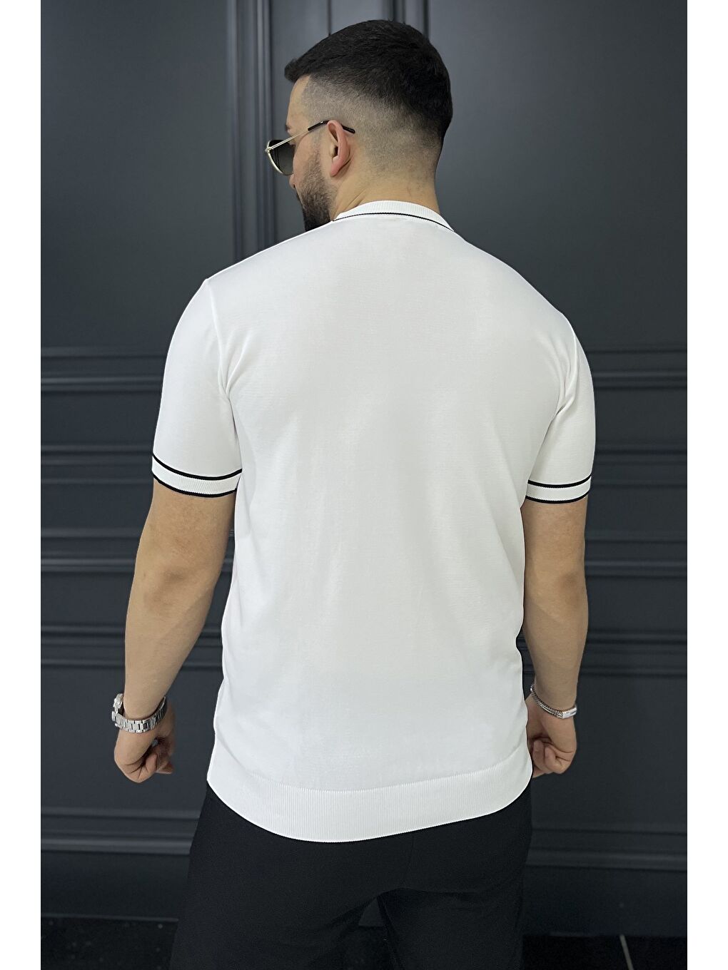 Beyaz Bisiklet Yaka Erkek Triko Tişört-2