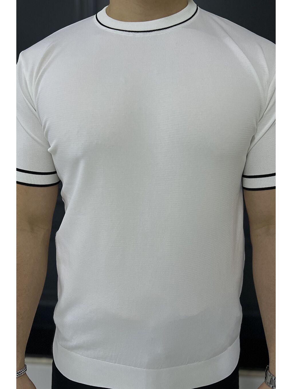 Beyaz Bisiklet Yaka Erkek Triko Tişört-3