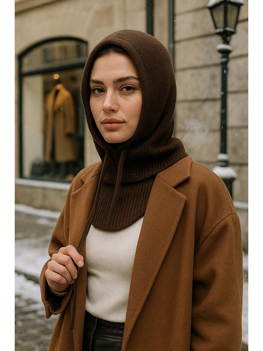 Kadın Triko Balaklava Bere Şapka RKŞBYN-05 Kahverengi-3