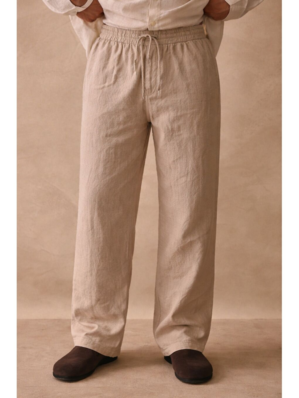 Bej Erkek Renk Keten Pantolon Lastikli Bel Rahat (Regular) Kalıp Günlük