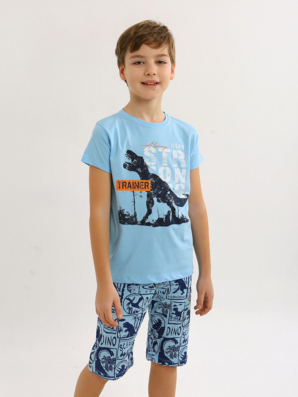 Mavi Erkek Çocuk Kısa Kollu Kapri %100 Pamuklu Pijama Takımı Trainer