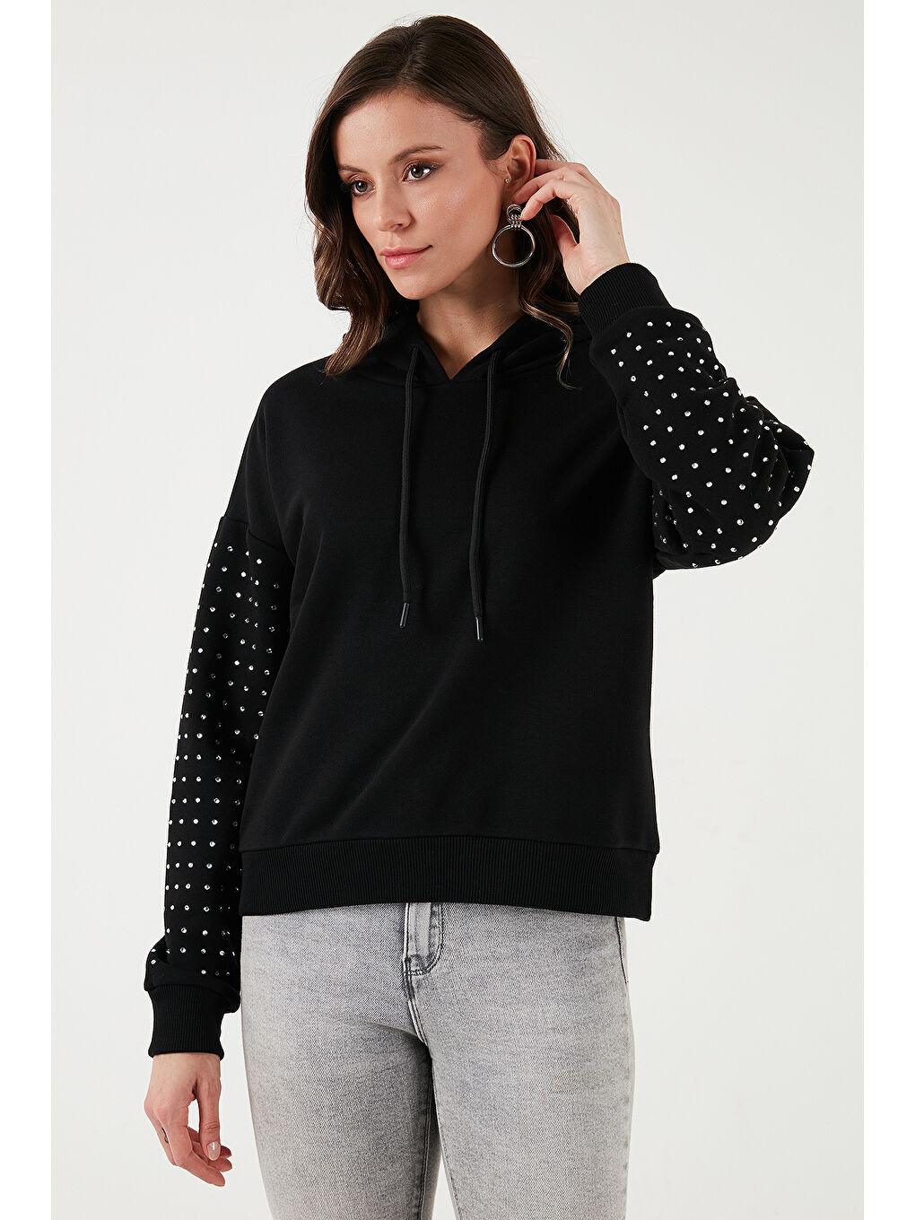 Fashion Friends Siyah Pamuk Karışımlı Regular Fit Kapüşonlu Yaka Taş Detaylı Kadın Sweat 24K0390K1 - 1