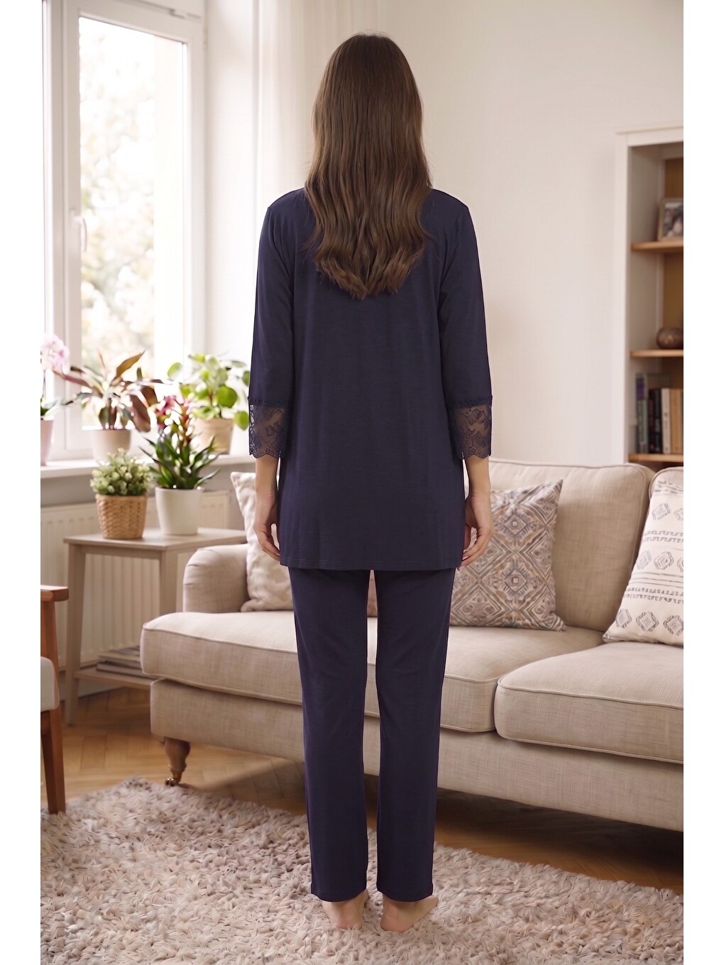 Lacivert Rosette Çiçek Desenli Dantel Detaylı Sabahlıklı Hamile Ve Lohusa Pijama Takımı-2