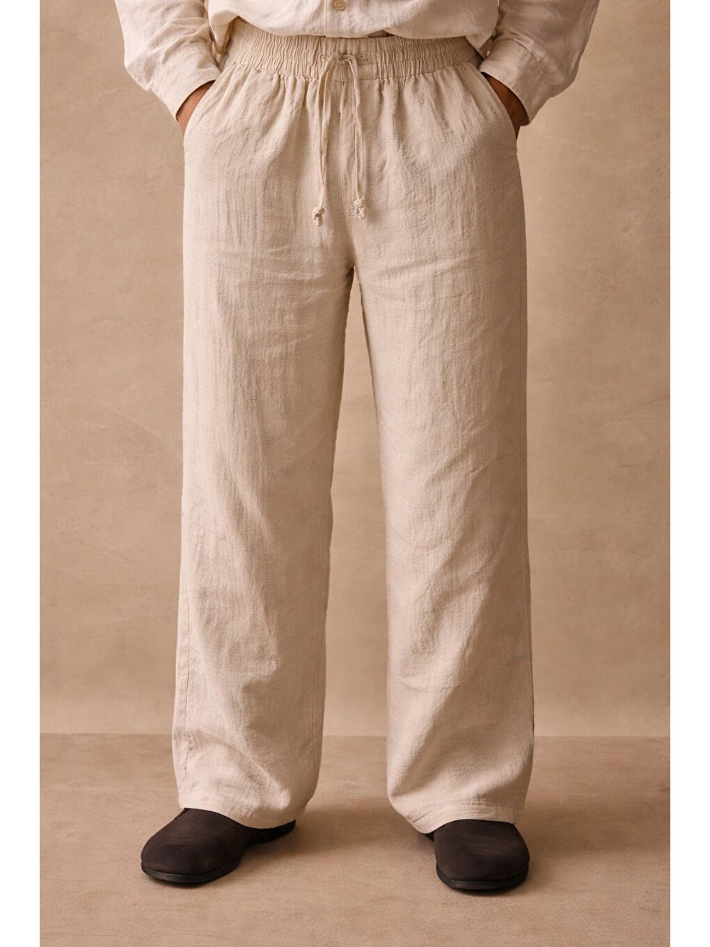 Bej Erkek Renk Keten Pantolon Lastikli Bel Rahat (Regular) Kalıp Günlük