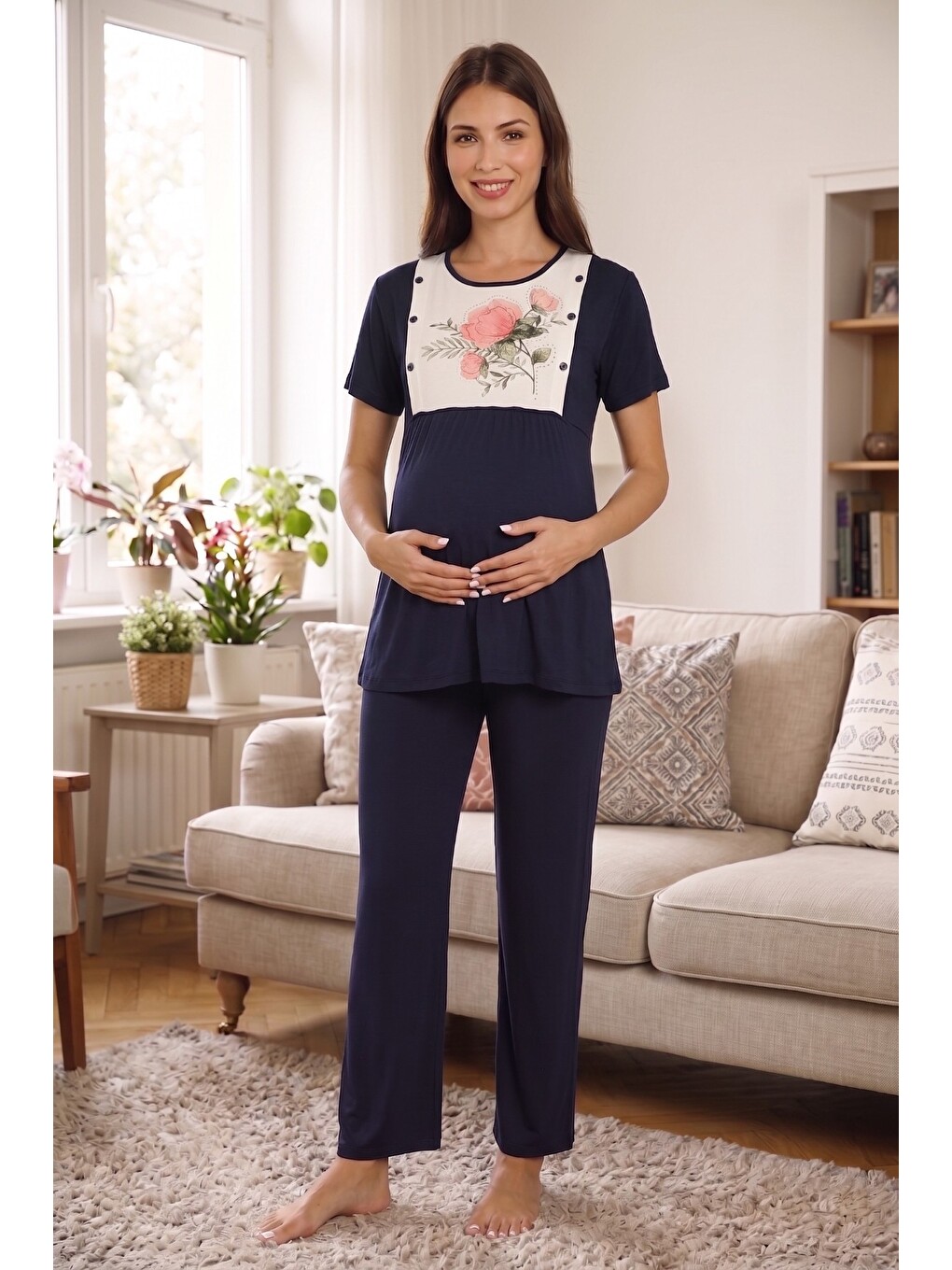 Lacivert Rosette Çiçek Desenli Dantel Detaylı Sabahlıklı Hamile Ve Lohusa Pijama Takımı-3