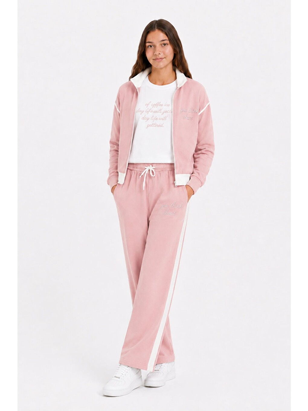 Pembe Kız Çocuk Taşlı Dik Yaka Hırkalı Geniş Paça 3lü Alt Üst Takım 24737