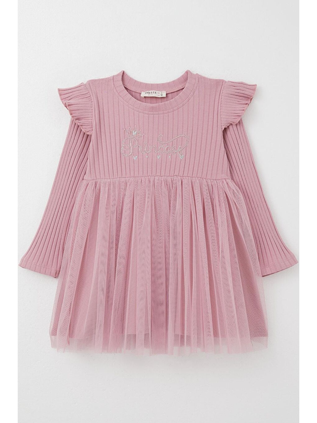 Pembe Kız Bebek Uzun Kollu Elbise Yazı Nakışlı Gülkurusu (1.5 Yaş)