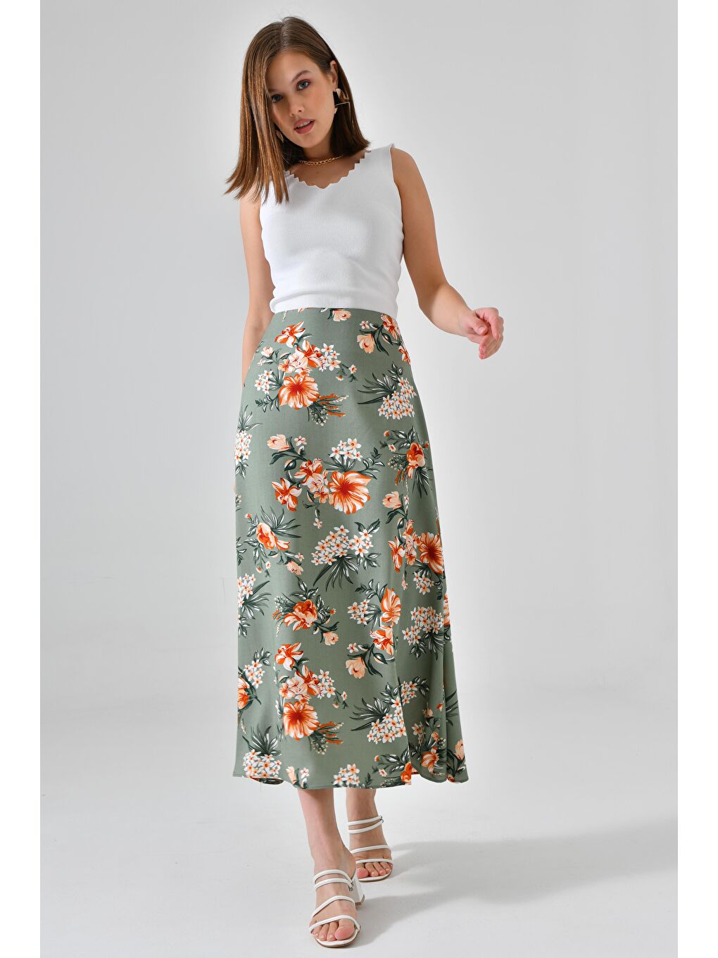 Yeşil Mint Çiçekli Kadın A Kesim Normal Bel Çiçek Desenli Midi Dokuma Etek - Viskon-1